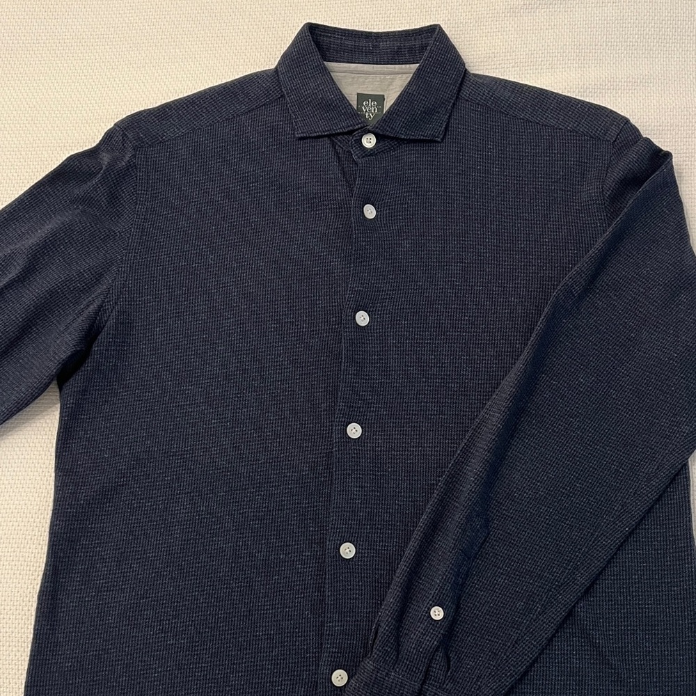 Eleventy Dark Blue Cotton knit Casual Button Down Shirt